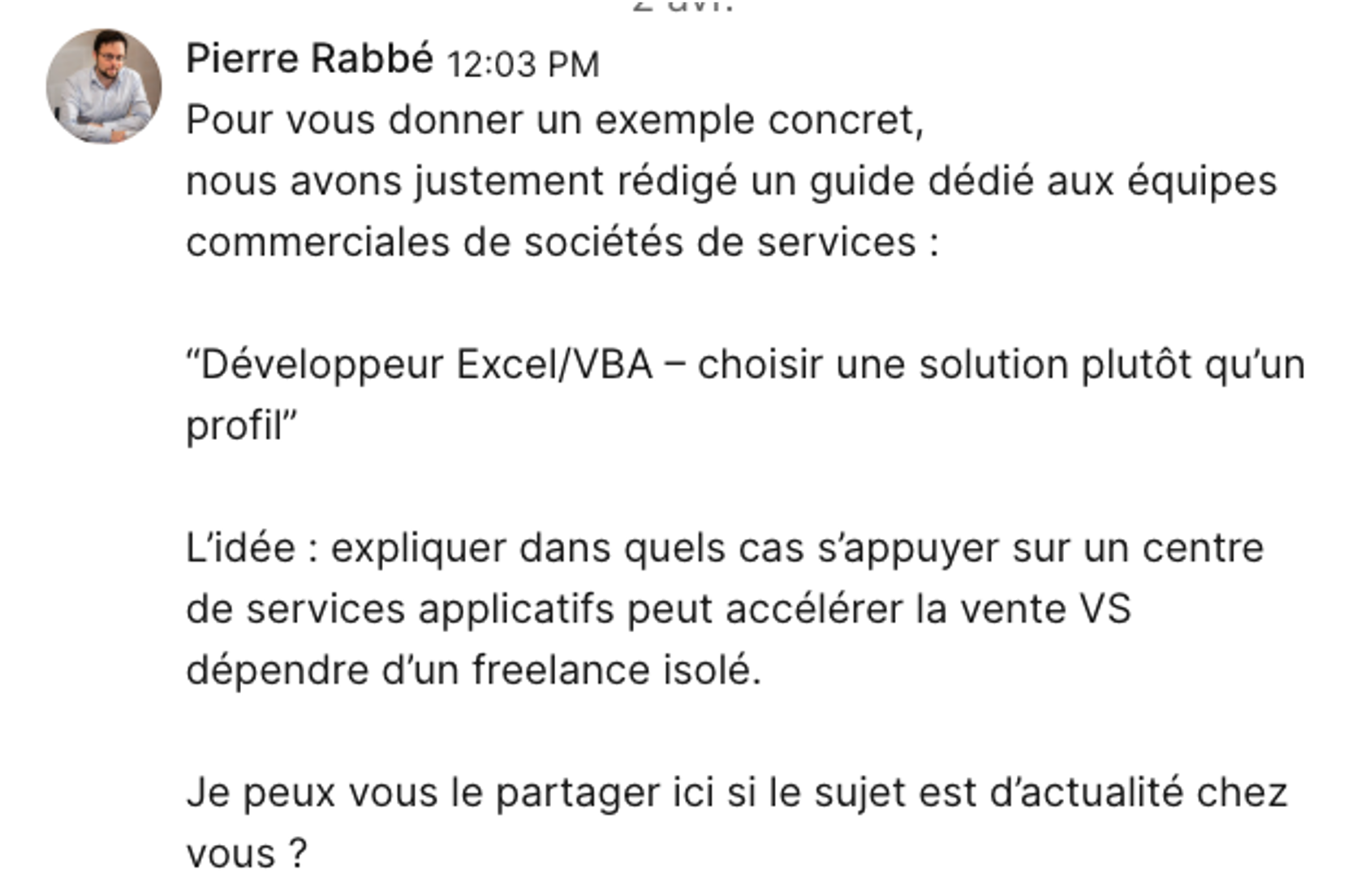 Message de prospection LinkedIn IT-VORE, partage de guide
