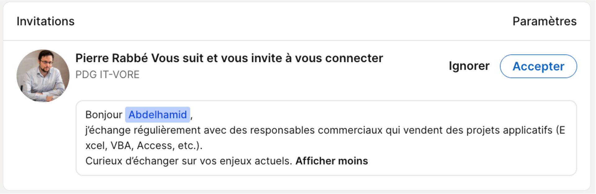 Message de prospection LinkedIn IT-VORE, invitation