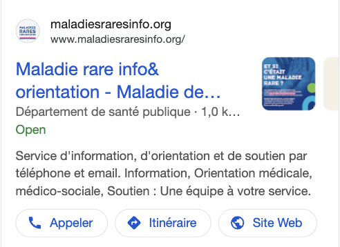 Annonce Maladies Rares Infos Services dans les résultats Google